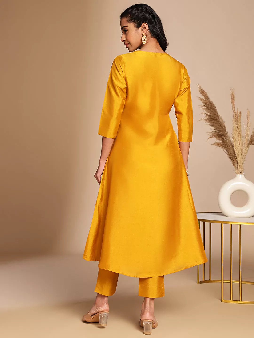 Mustard Crepe Silk Solid Wrap Kurta Set