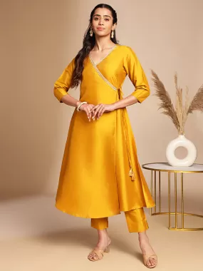 Mustard Crepe Silk Solid Wrap Kurta Set