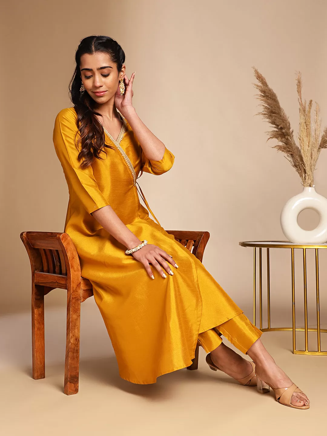 Mustard Crepe Silk Solid Wrap Kurta Set