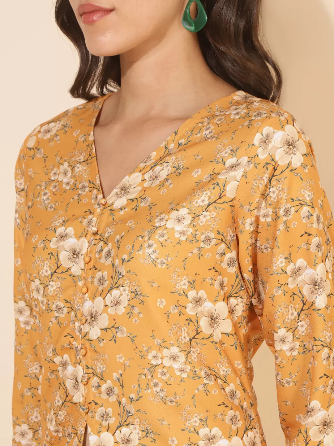 Mustard Moss Floral Printed Kurta with Palazzo