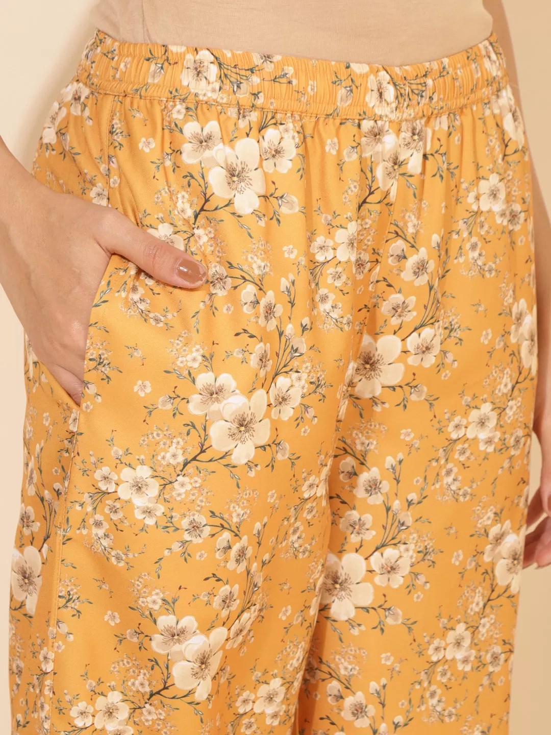 Mustard Moss Floral Printed Kurta with Palazzo