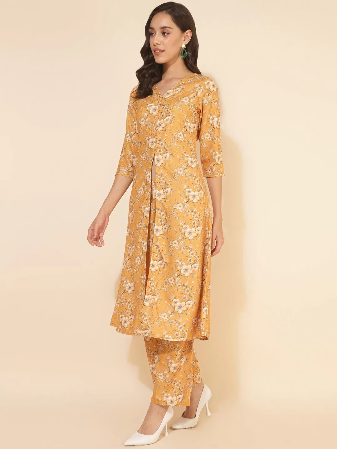 Mustard Moss Floral Printed Kurta with Palazzo