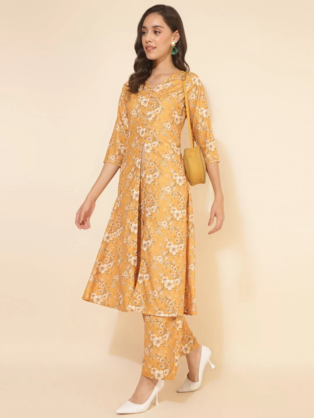 Mustard Moss Floral Printed Kurta with Palazzo