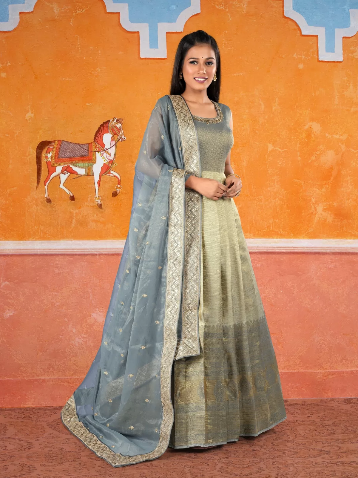 Odette Grey Banarasi Silk Woven Stitched Gown  for Women