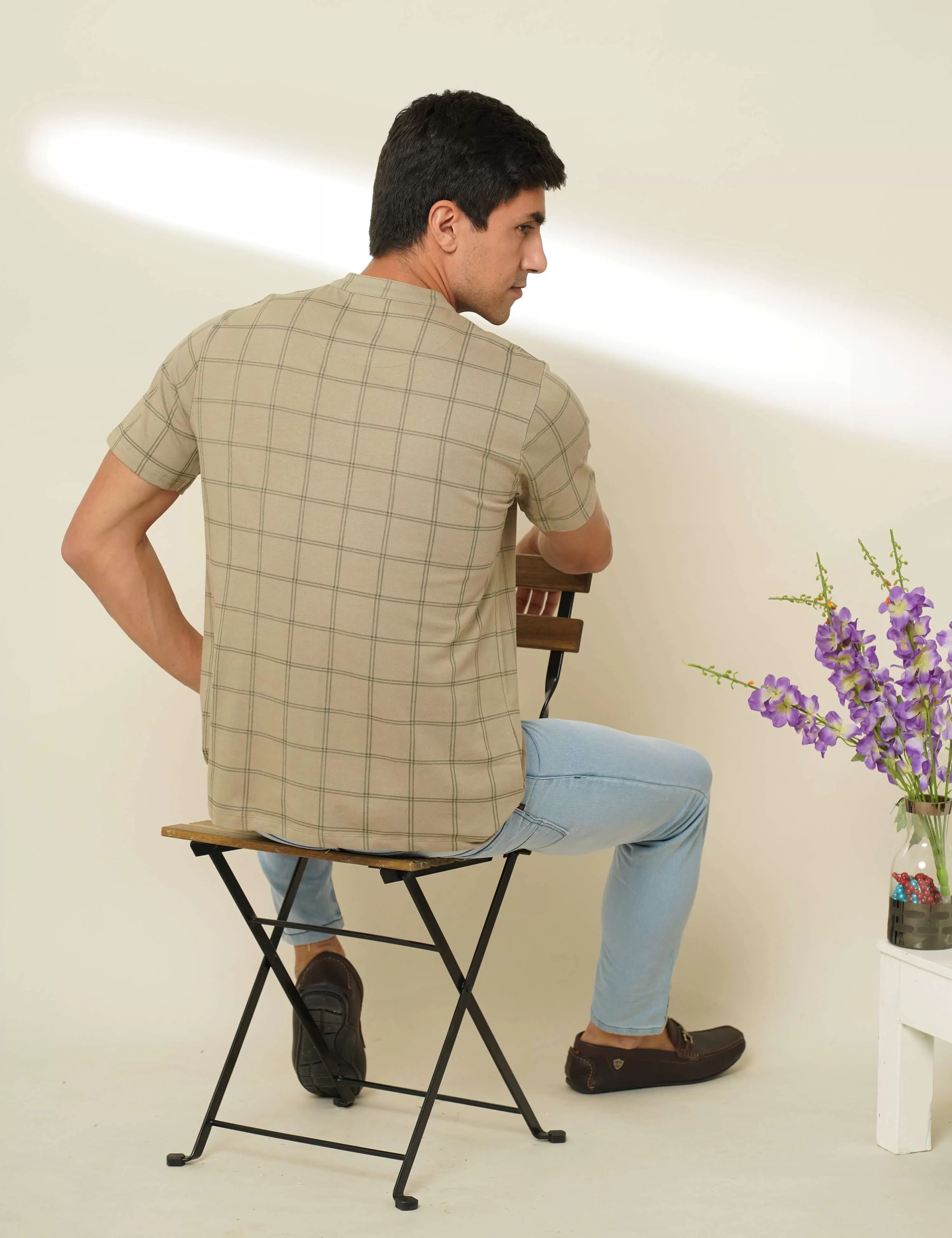 Olive Check Henley Neck T Shirt