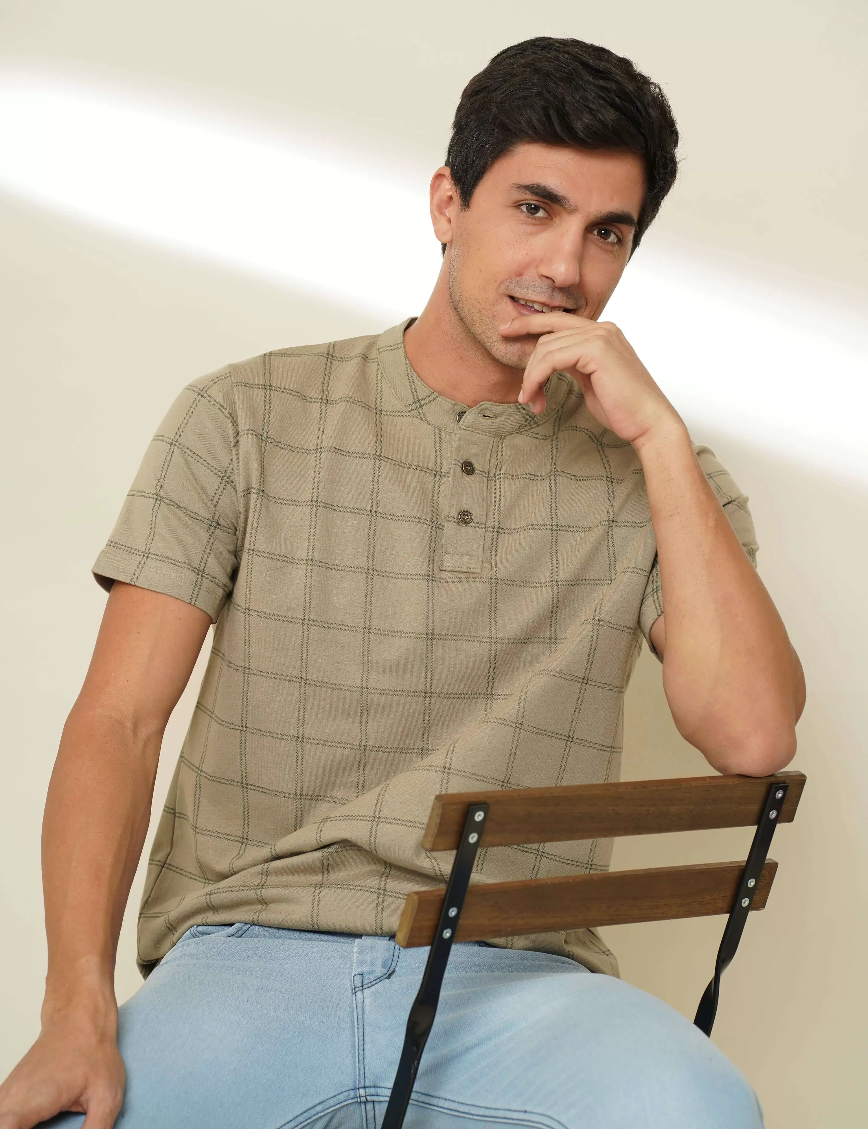 Olive Check Henley Neck T Shirt