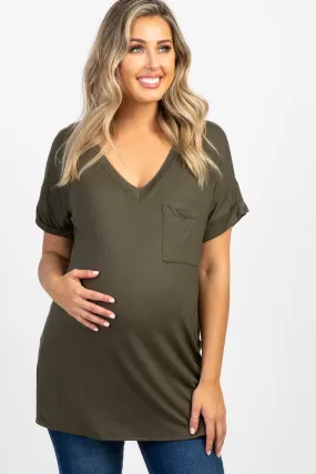 Olive V-Neck Pocket Accent Maternity Top