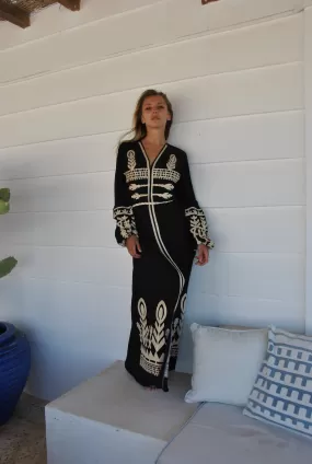 Open slit Black cotton Kaftan with belt, embroidered long sleeve Kaftan, Caftan maxi dress, Caftans for women, cotton caftan, caftans