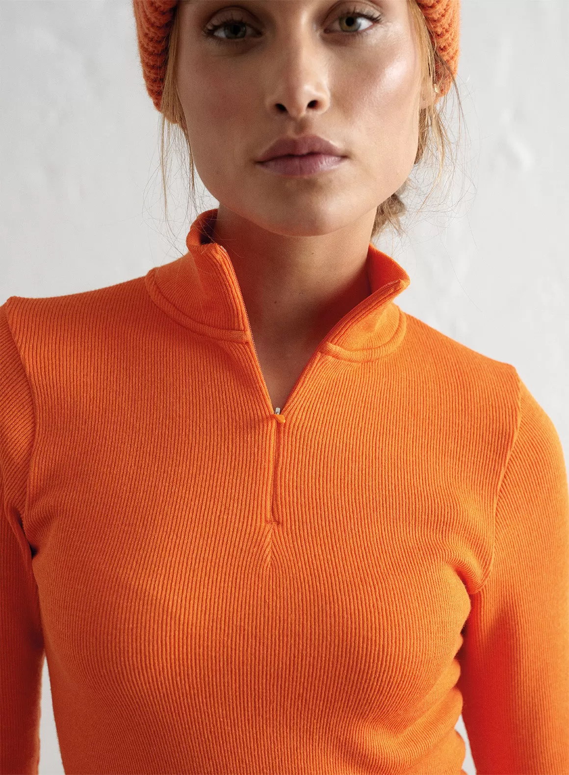 Orange Ribbed Wool Half Zip