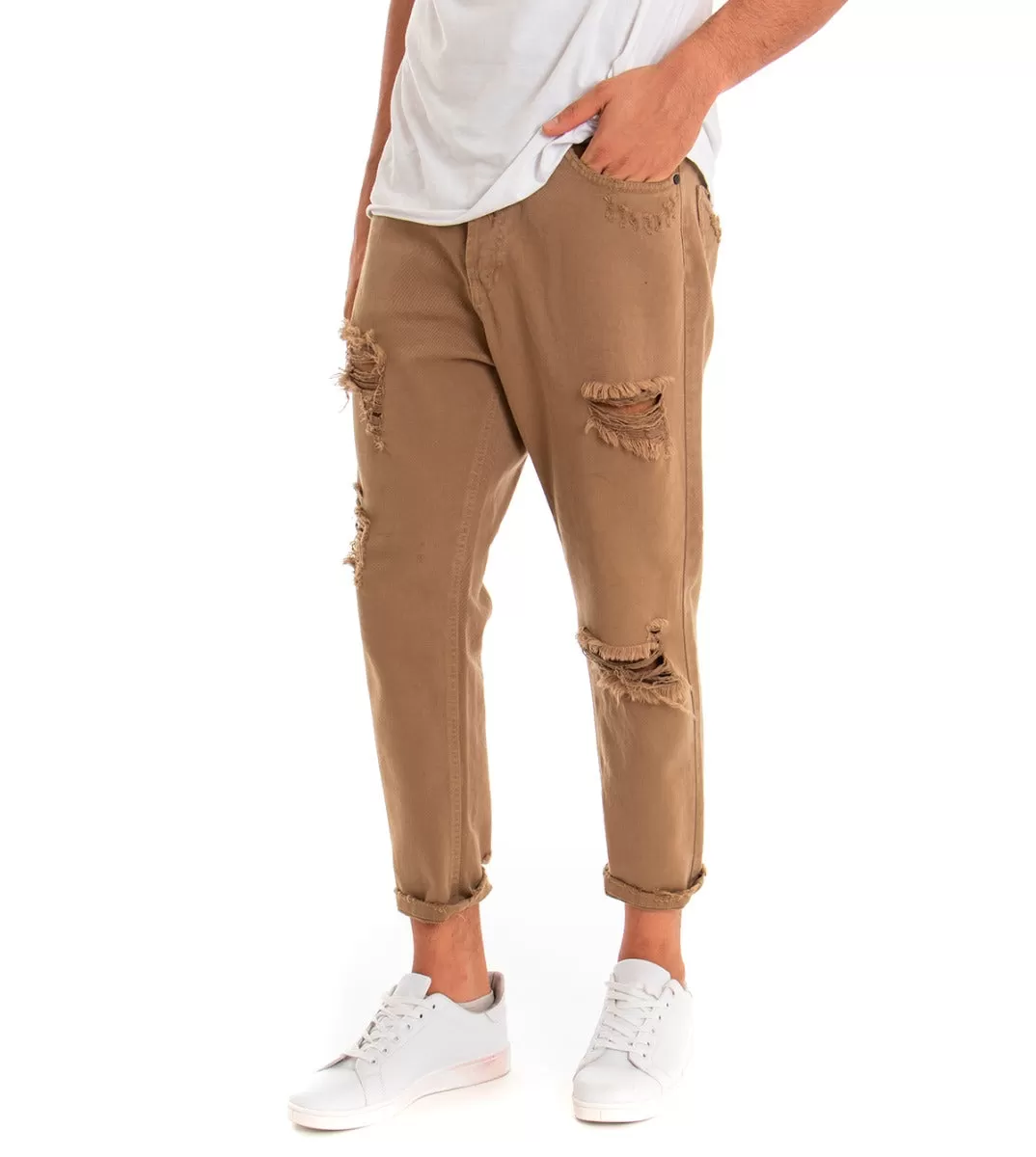 Pantaloni Jeans Uomo Loose Fit Camel Con Rotture Cinque Tasche Casual GIOSAL-P3279A