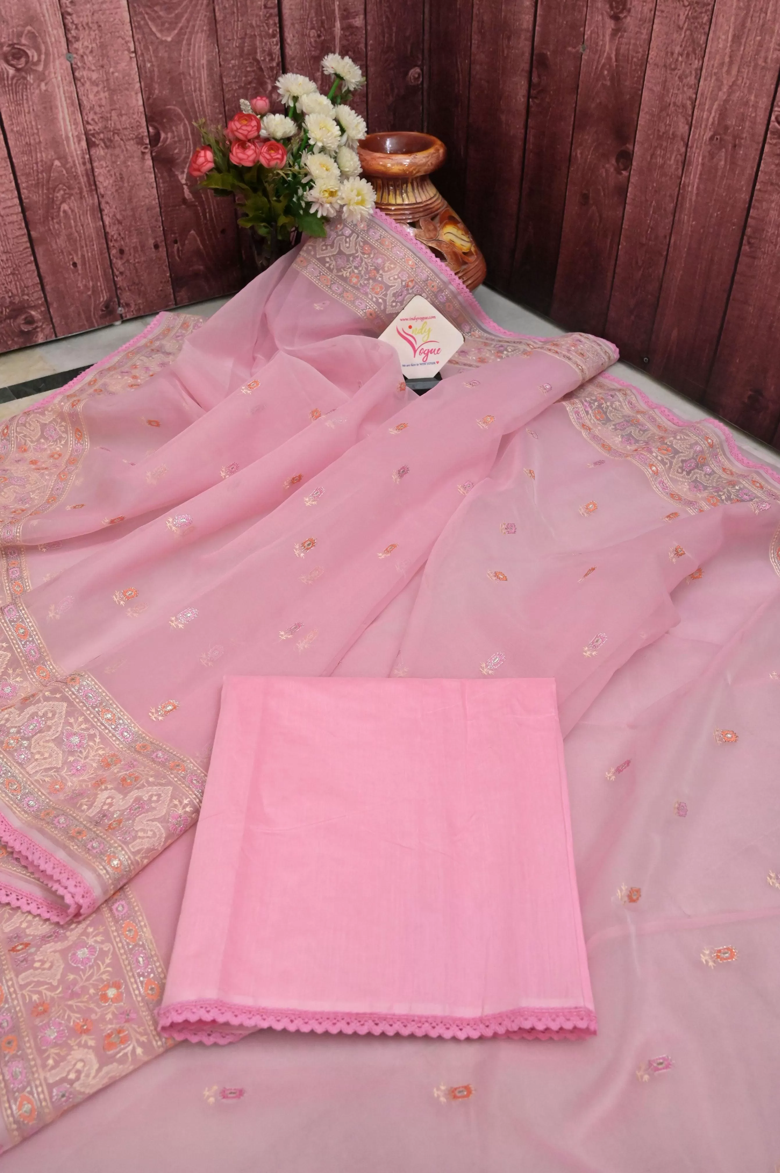 Pink Color Organza with Thread and Zari Embroidery with Lace Border