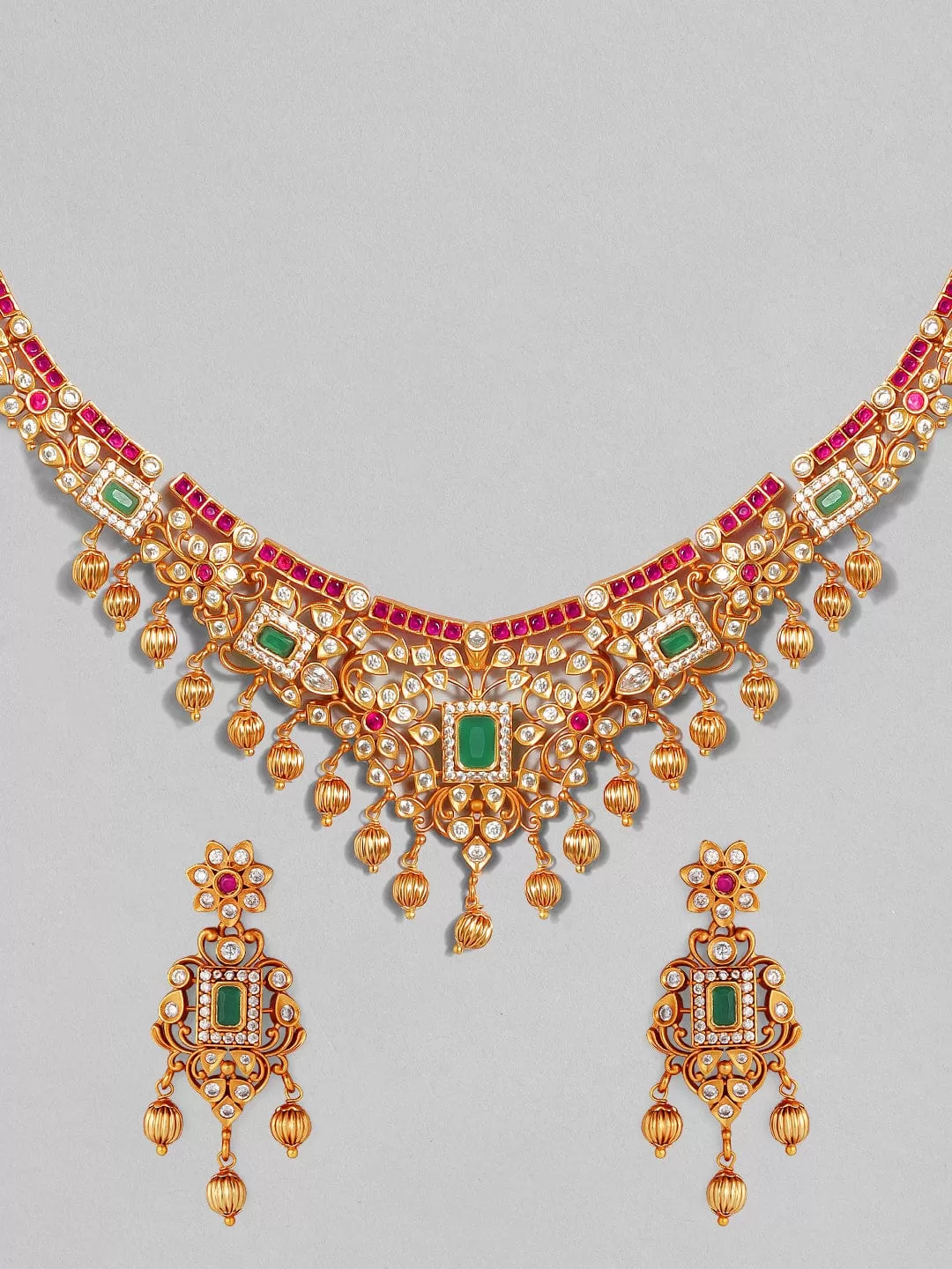 Rubans 22K Gold Plated Handcrafted Faux Ruby Stone with Gold Beads Traditional Necklace Set