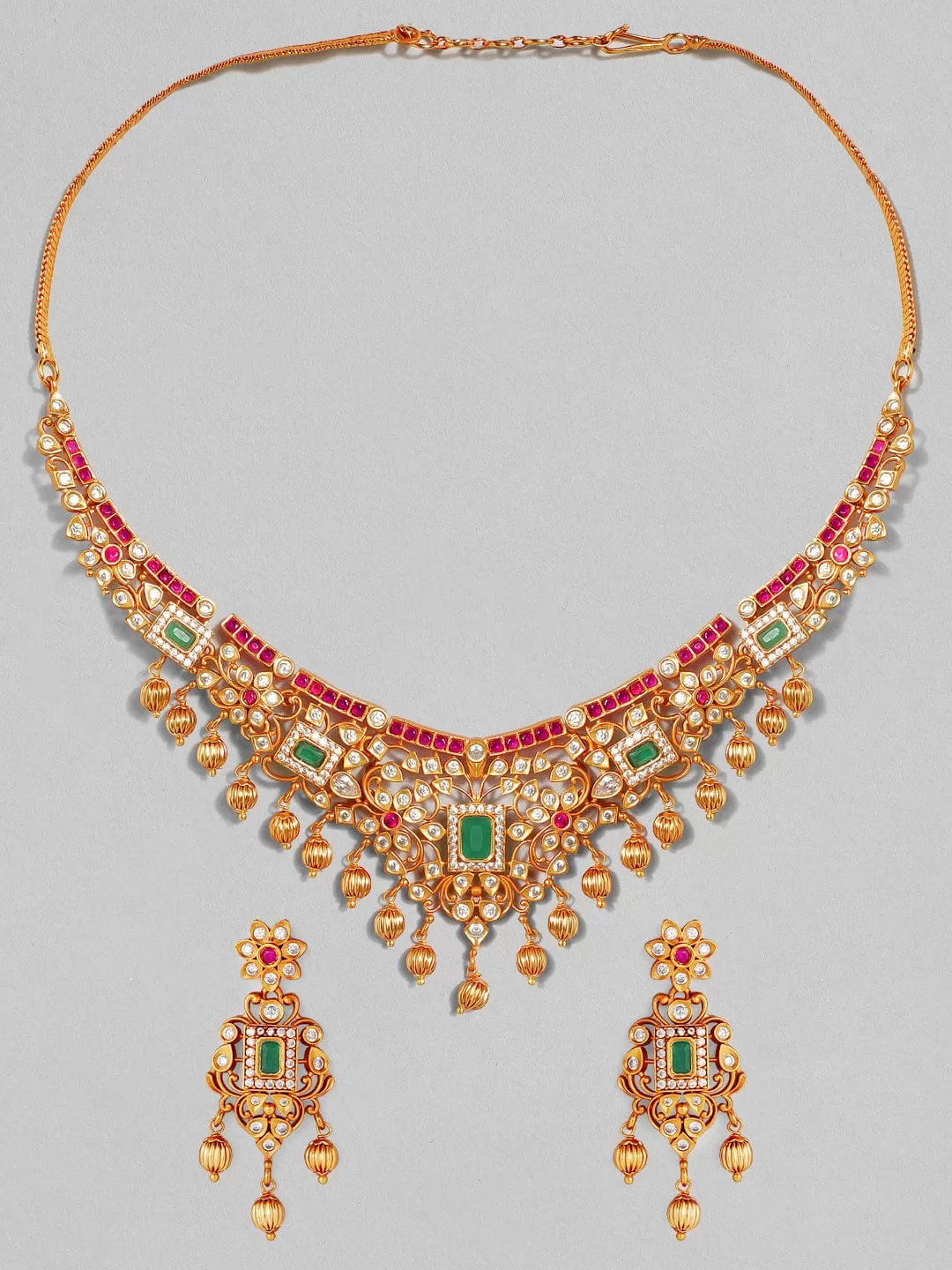 Rubans 22K Gold Plated Handcrafted Faux Ruby Stone with Gold Beads Traditional Necklace Set