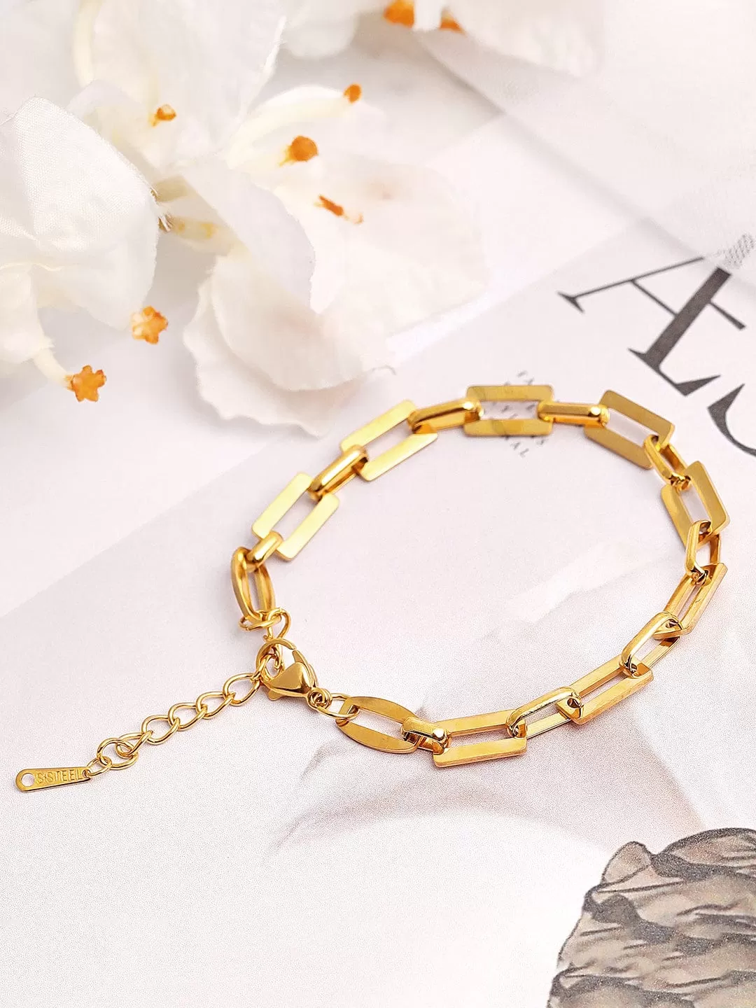 Rubans Voguish 18K Gold Plated Stainless Steel Waterproof Paperclip Chain Style Bracelet.