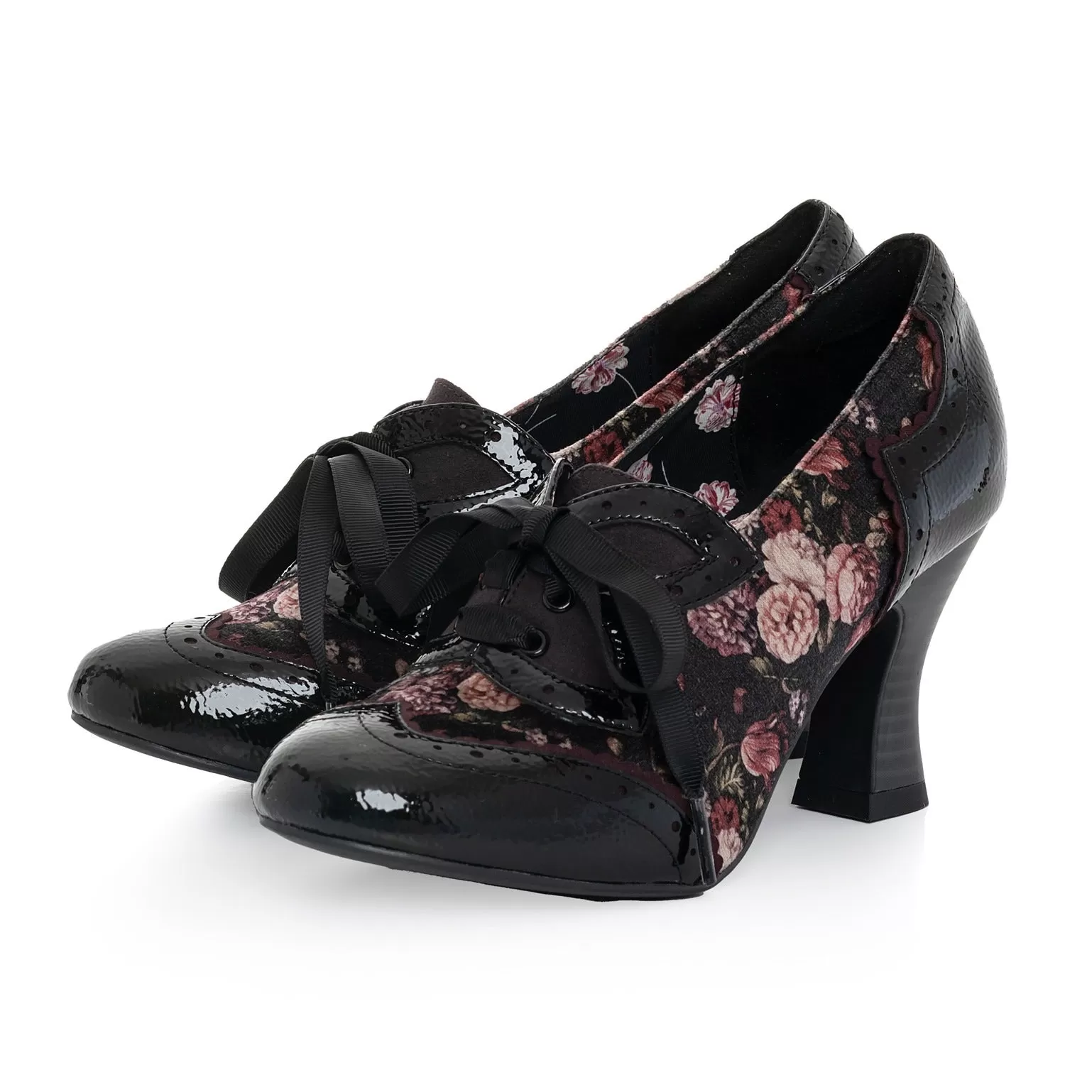 Ruby Shoo 'Daisy' Black Floral Brogue Style Heels