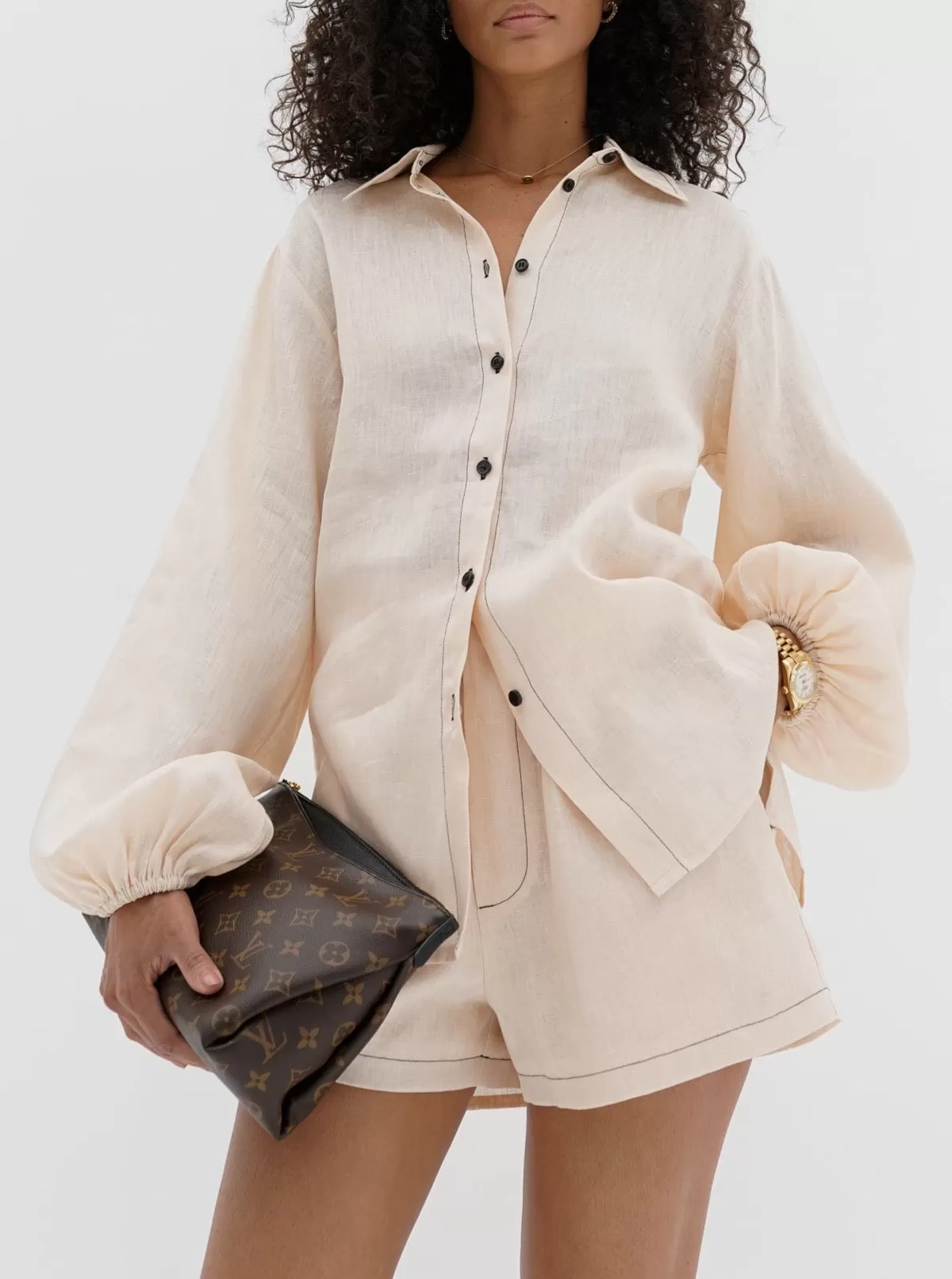 Rue Contrast Stitch Linen Shirt | Blush