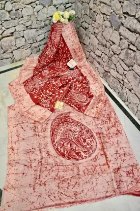 Rust Red Color Pure Bishnupuri Silk Saree With Hand Batik