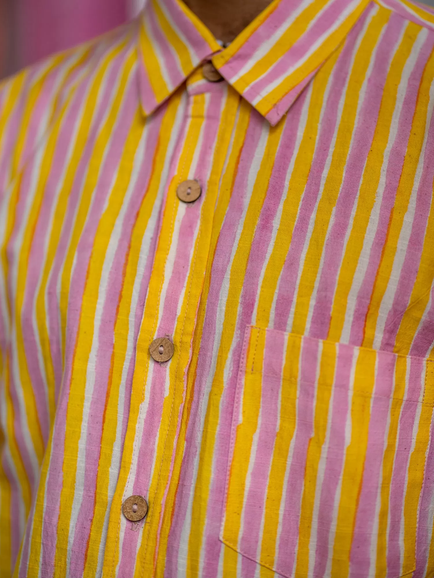 Short Sleeve Unisex Shirt – Pink & Yellow Candy Stripe Print