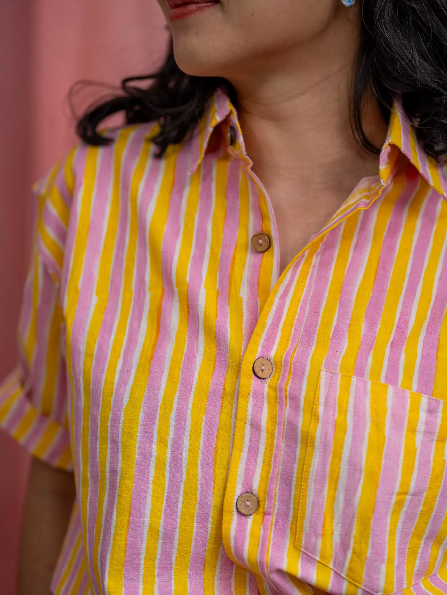 Short Sleeve Unisex Shirt – Pink & Yellow Candy Stripe Print