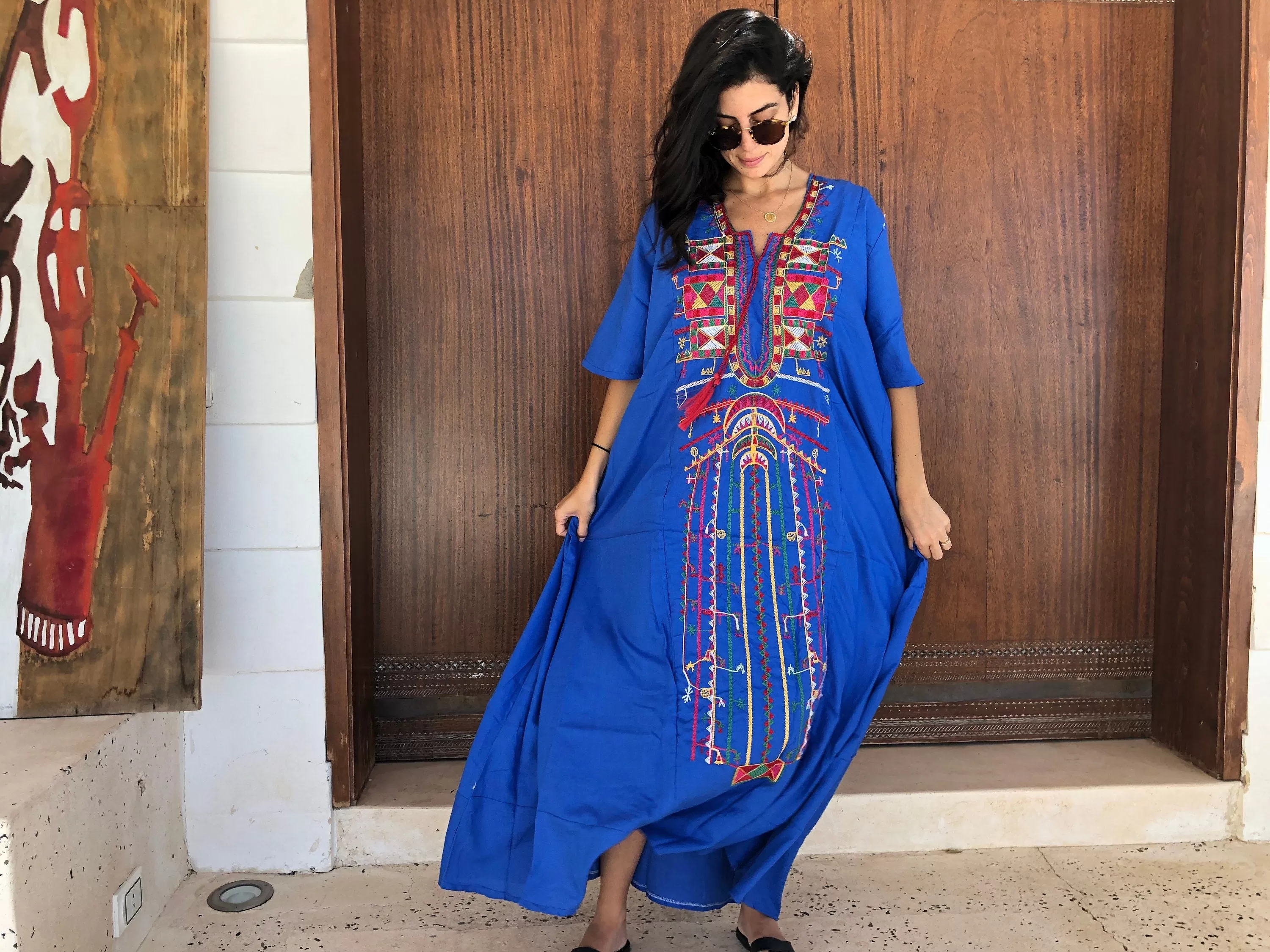 Siwa Blue Multicolor embroidered Kaftan dress, Cotton Kaftan, caftans for women, Summer Kaftan, Embroidered kaftan, caftans, Egyptian