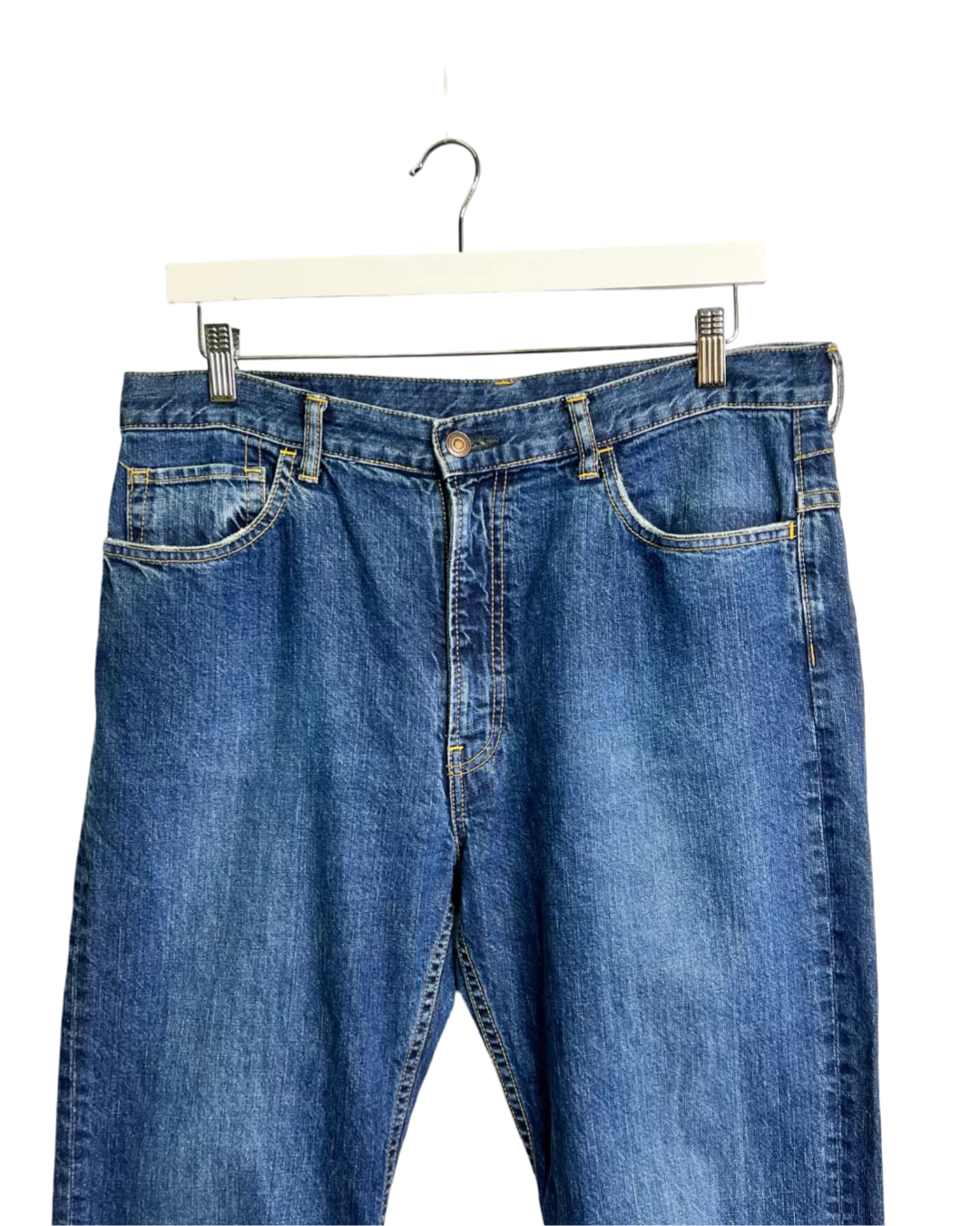 Size L - Bassike Dark Wash Tapered Leg Jeans