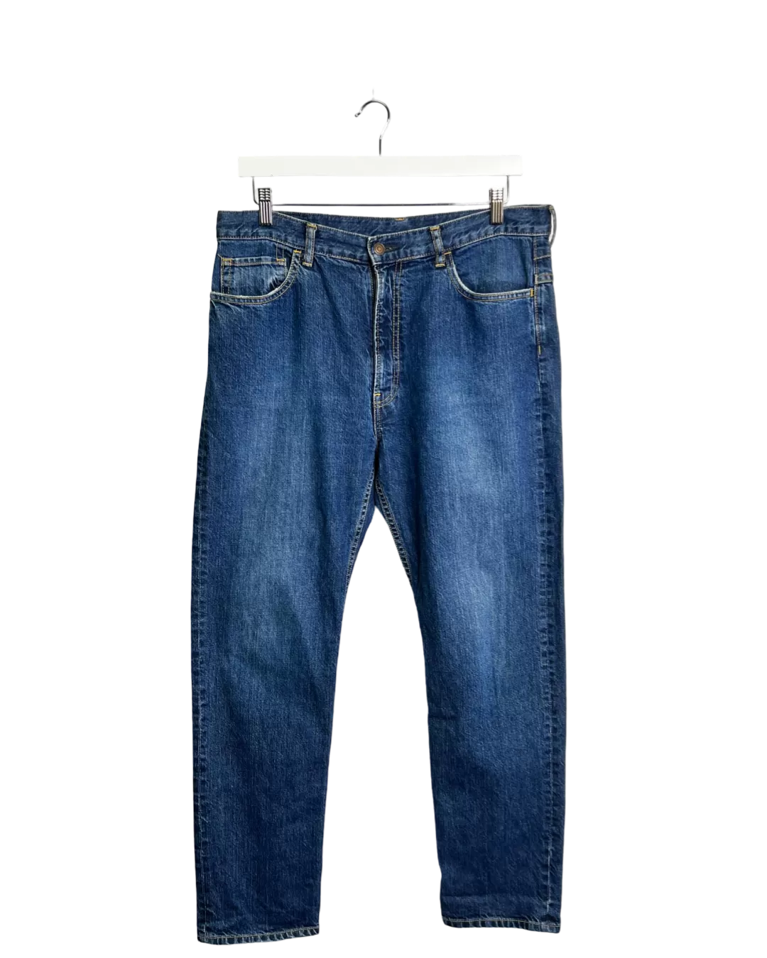 Size L - Bassike Dark Wash Tapered Leg Jeans