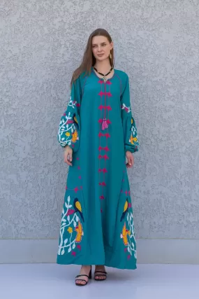 Teal Green Egyptian cotton Kaftan, caftan Kaftan maxi dress, embroidered Caftan dress, Caftan maxi dress, Caftans for women, Caftans