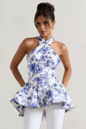 Tonya | Blue Floral Print Tailored Halter-Neck Peplum Top