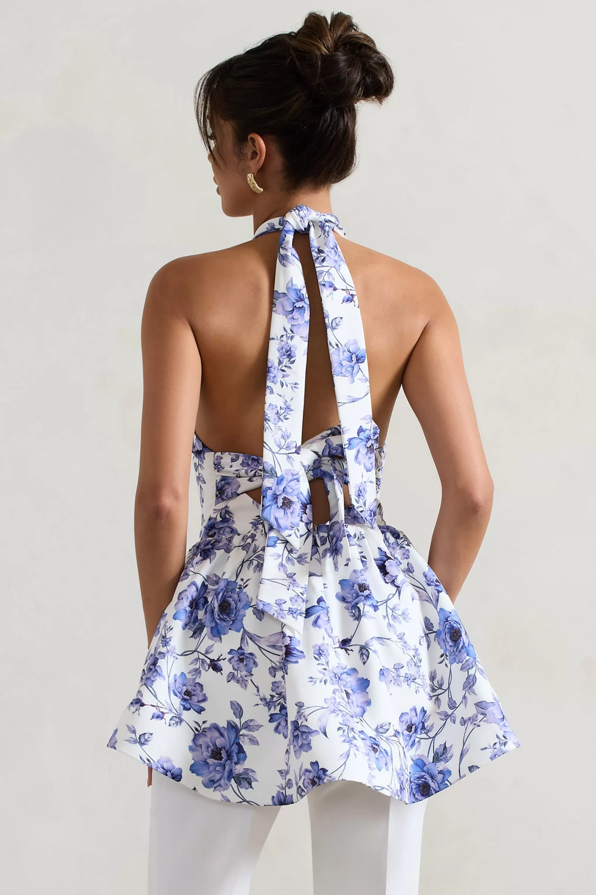 Tonya | Blue Floral Print Tailored Halter-Neck Peplum Top