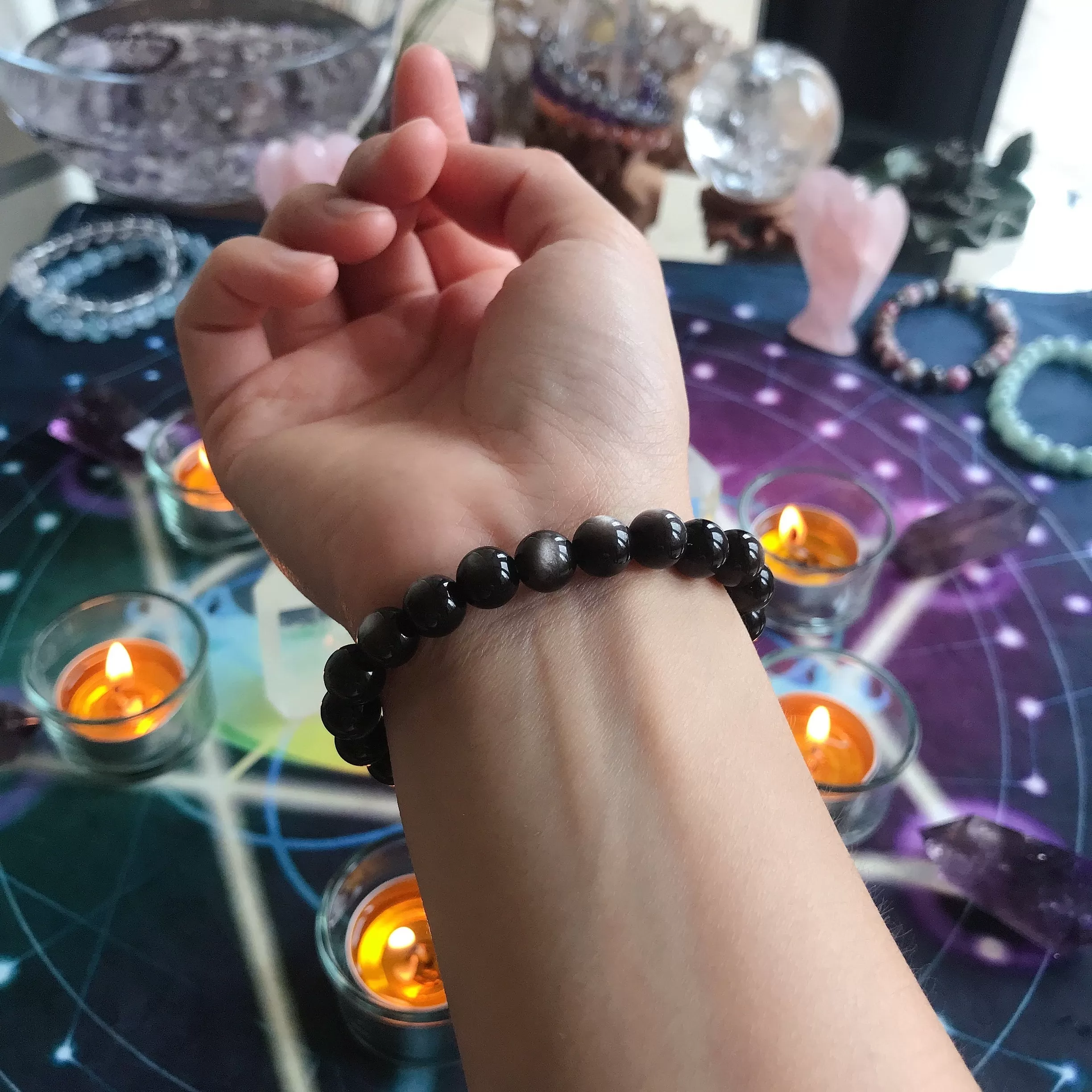 Top Grade 8mm Silver Sheen Obsidian Bracelet | Handmade Men Women Reiki Healing Stone