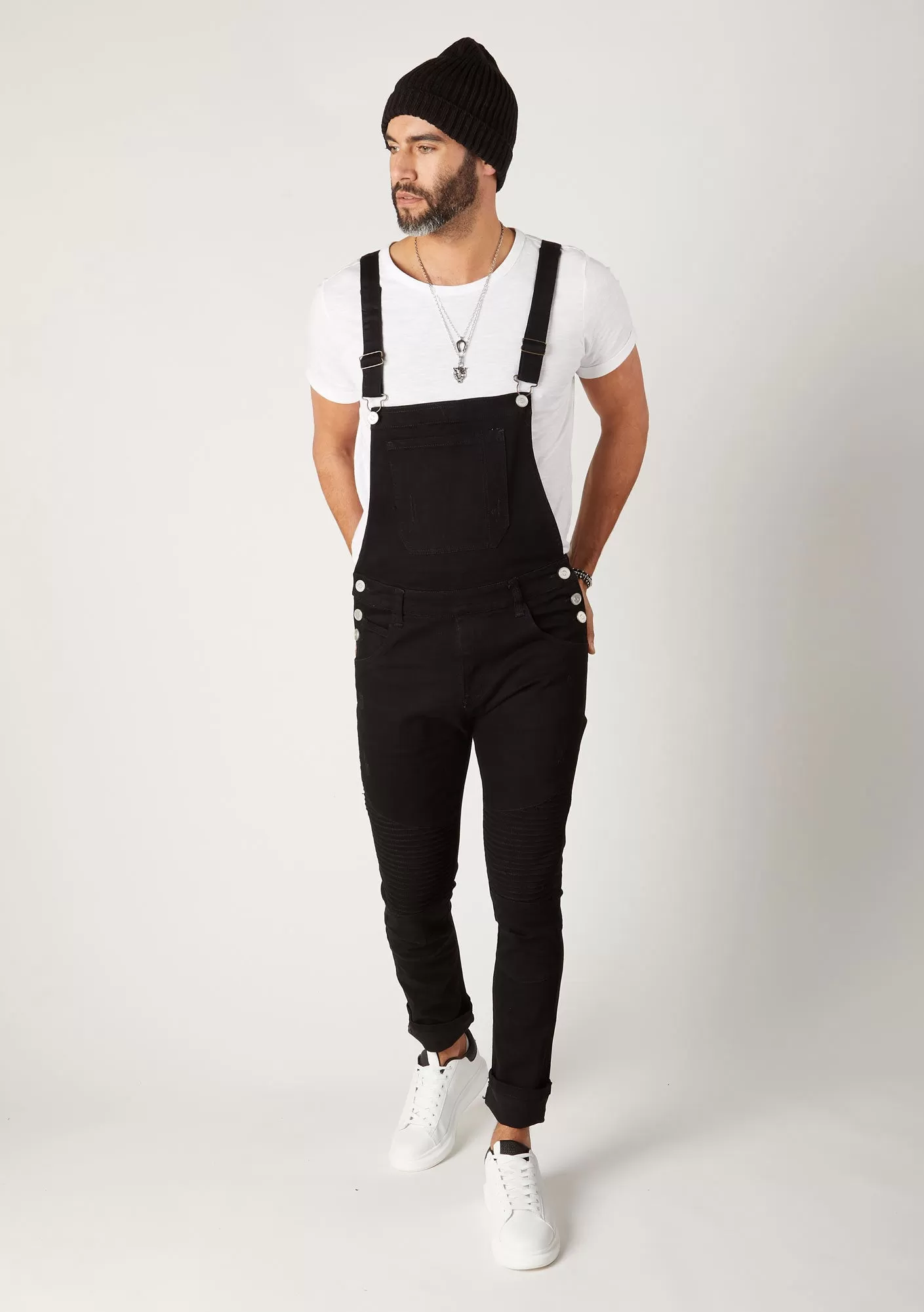 TRAFFORD Mens Super Skinny Biker Dungarees - Black