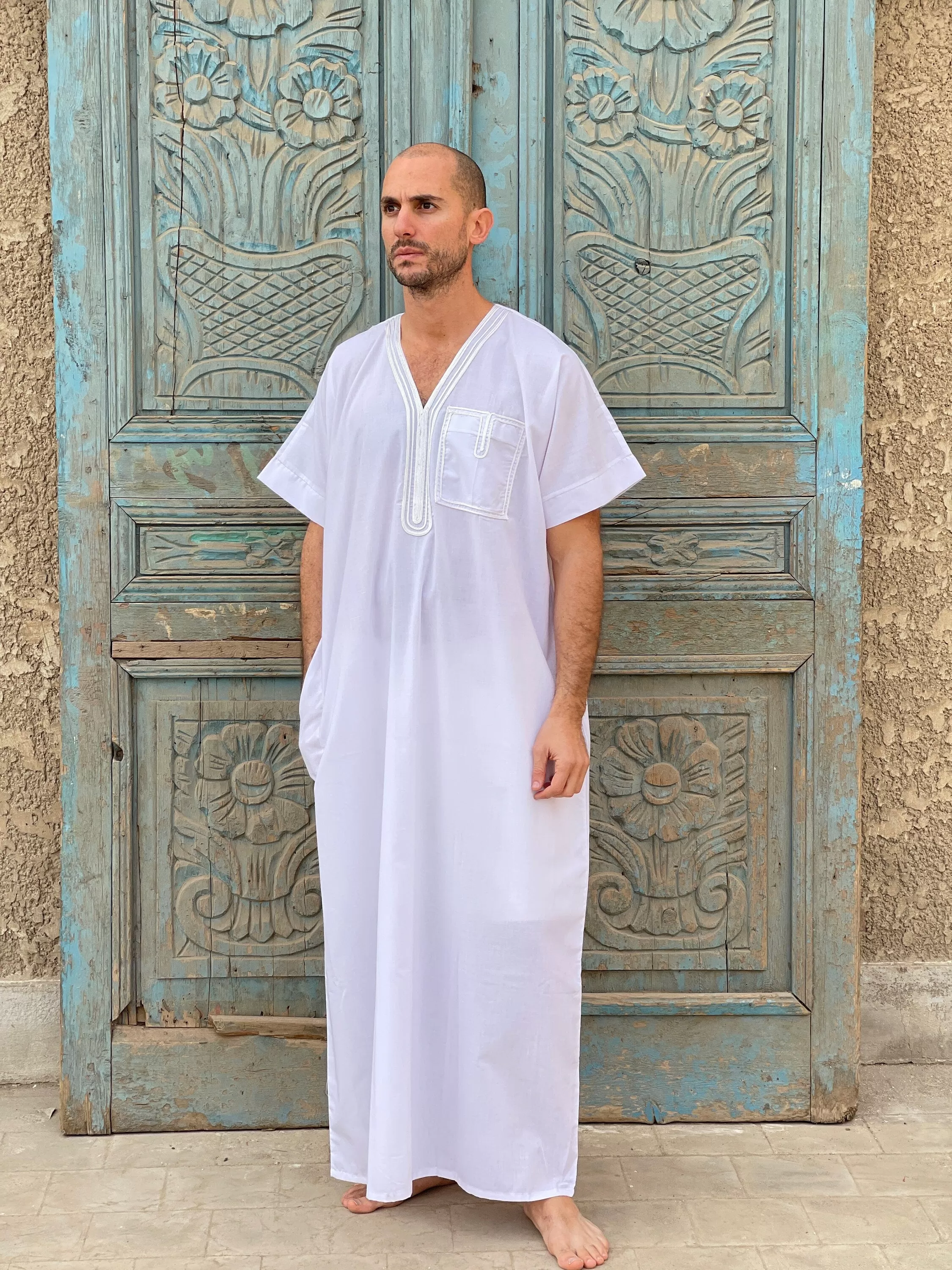 White Men's Kaftan, Short sleeve cotton kaftan, Cotton caftan, caftans for men,  men clothing, gift for men, husband gift, gift for him