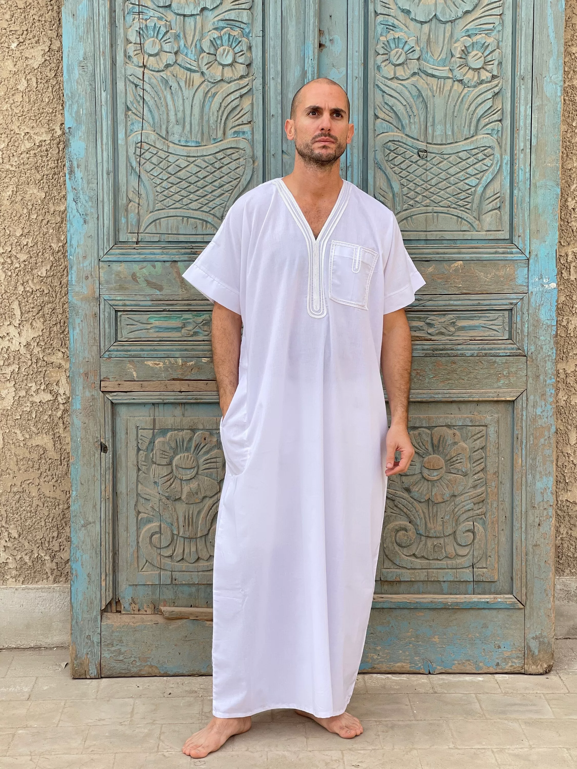 White Men's Kaftan, Short sleeve cotton kaftan, Cotton caftan, caftans for men,  men clothing, gift for men, husband gift, gift for him