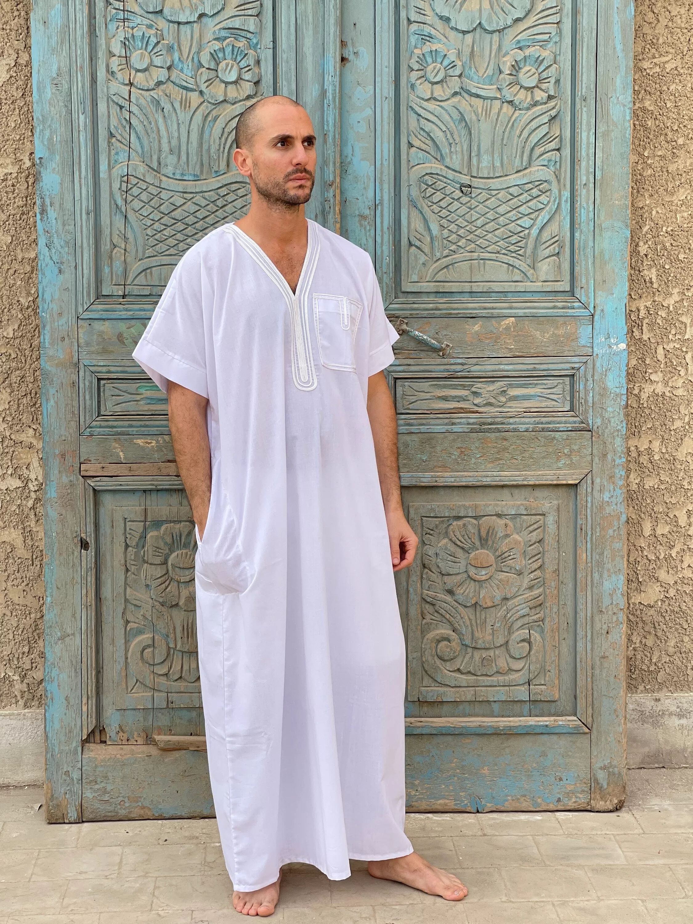 White Men's Kaftan, Short sleeve cotton kaftan, Cotton caftan, caftans for men,  men clothing, gift for men, husband gift, gift for him