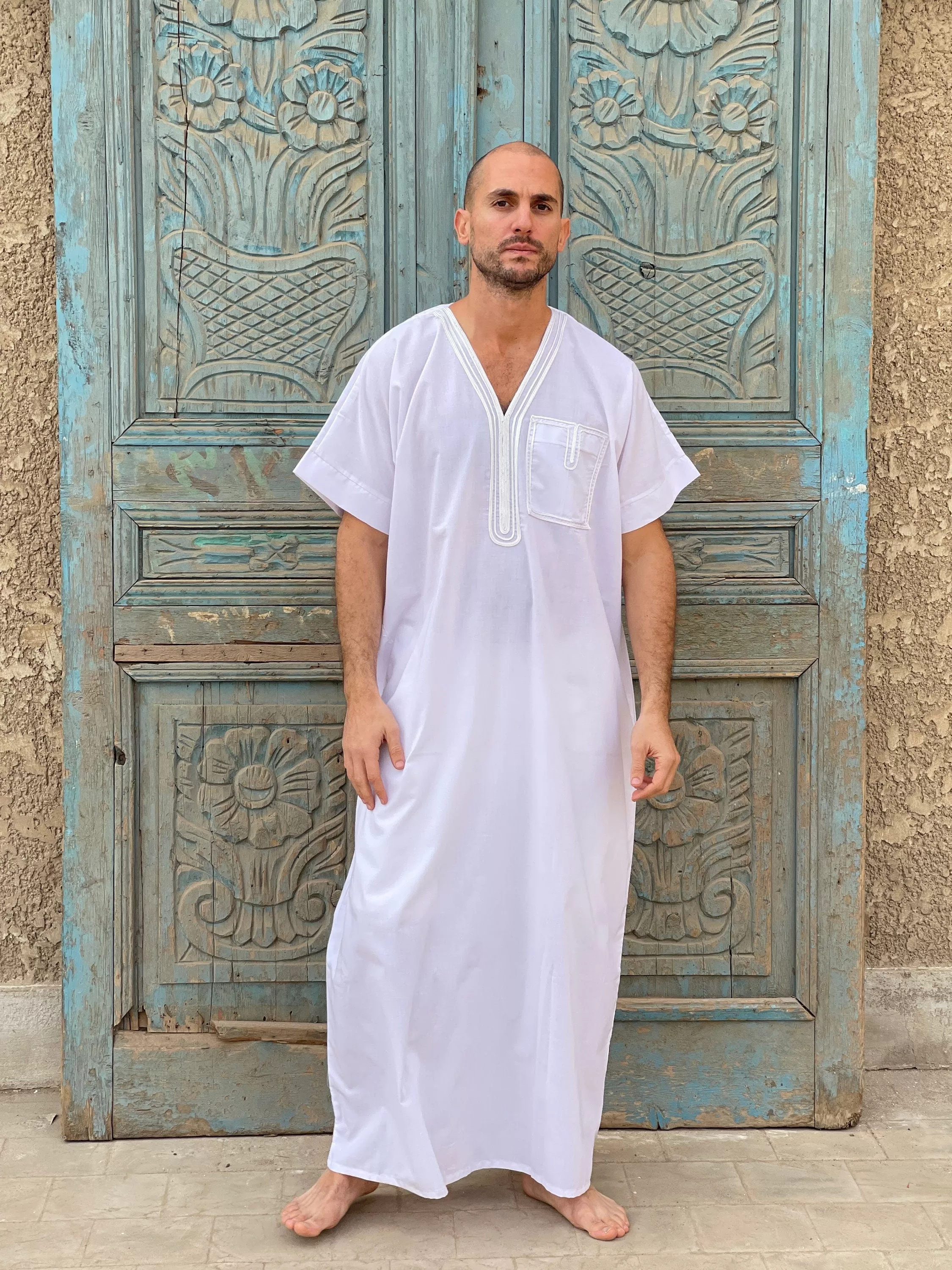 White Men's Kaftan, Short sleeve cotton kaftan, Cotton caftan, caftans for men,  men clothing, gift for men, husband gift, gift for him