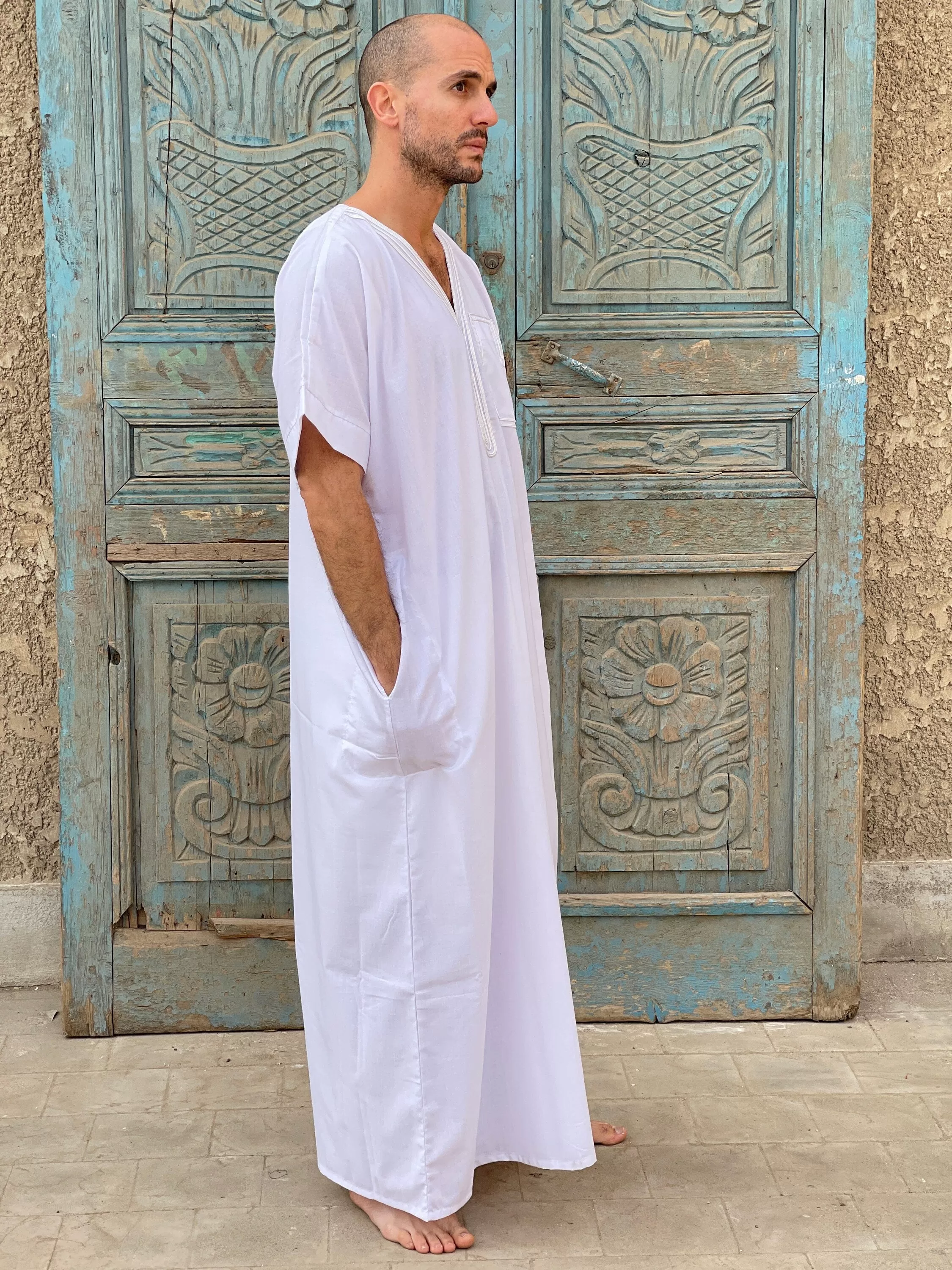 White Men's Kaftan, Short sleeve cotton kaftan, Cotton caftan, caftans for men,  men clothing, gift for men, husband gift, gift for him