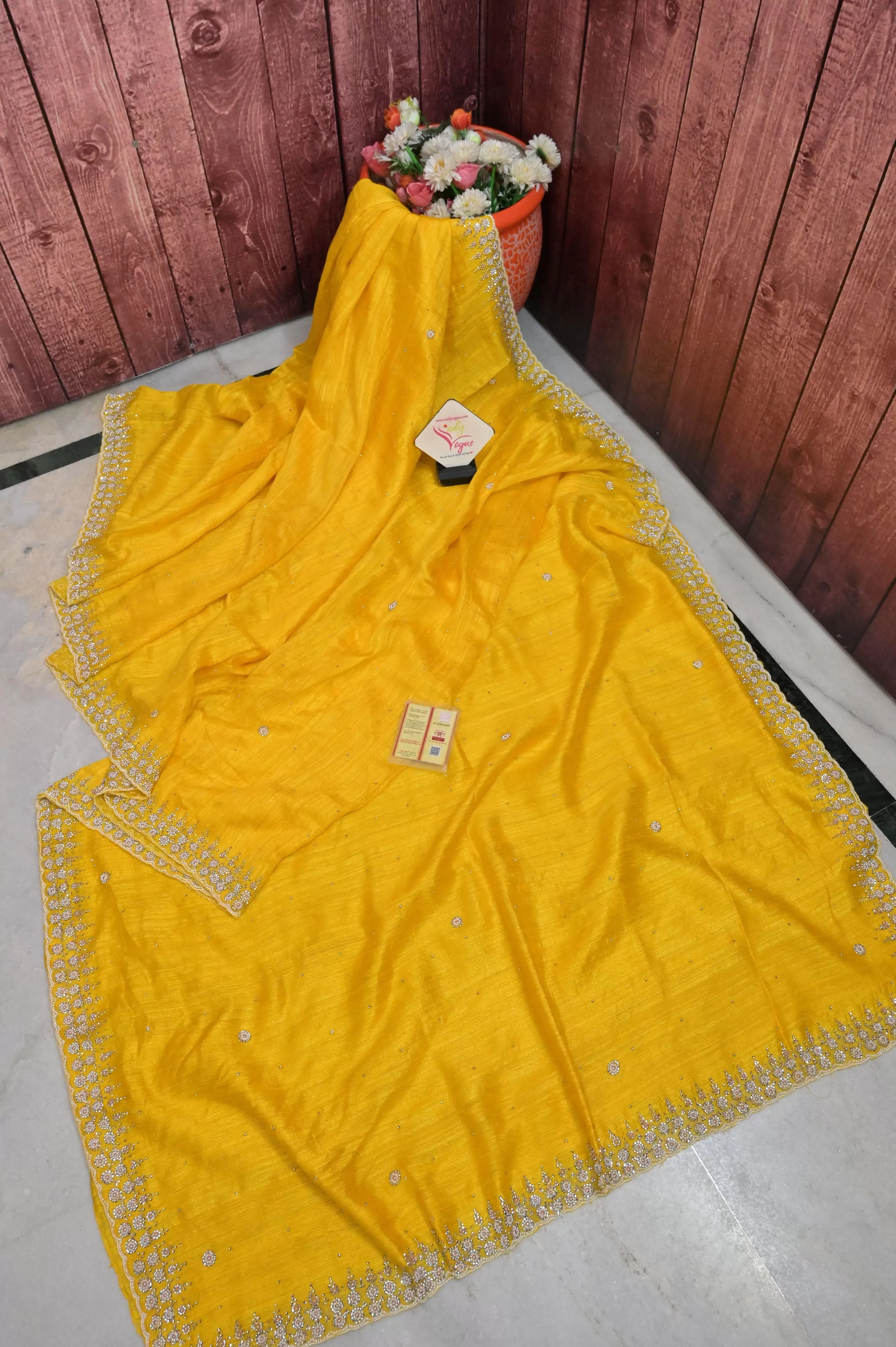 Yellow Color Pure Matka Saree with Hand Stonework and Pearl Work