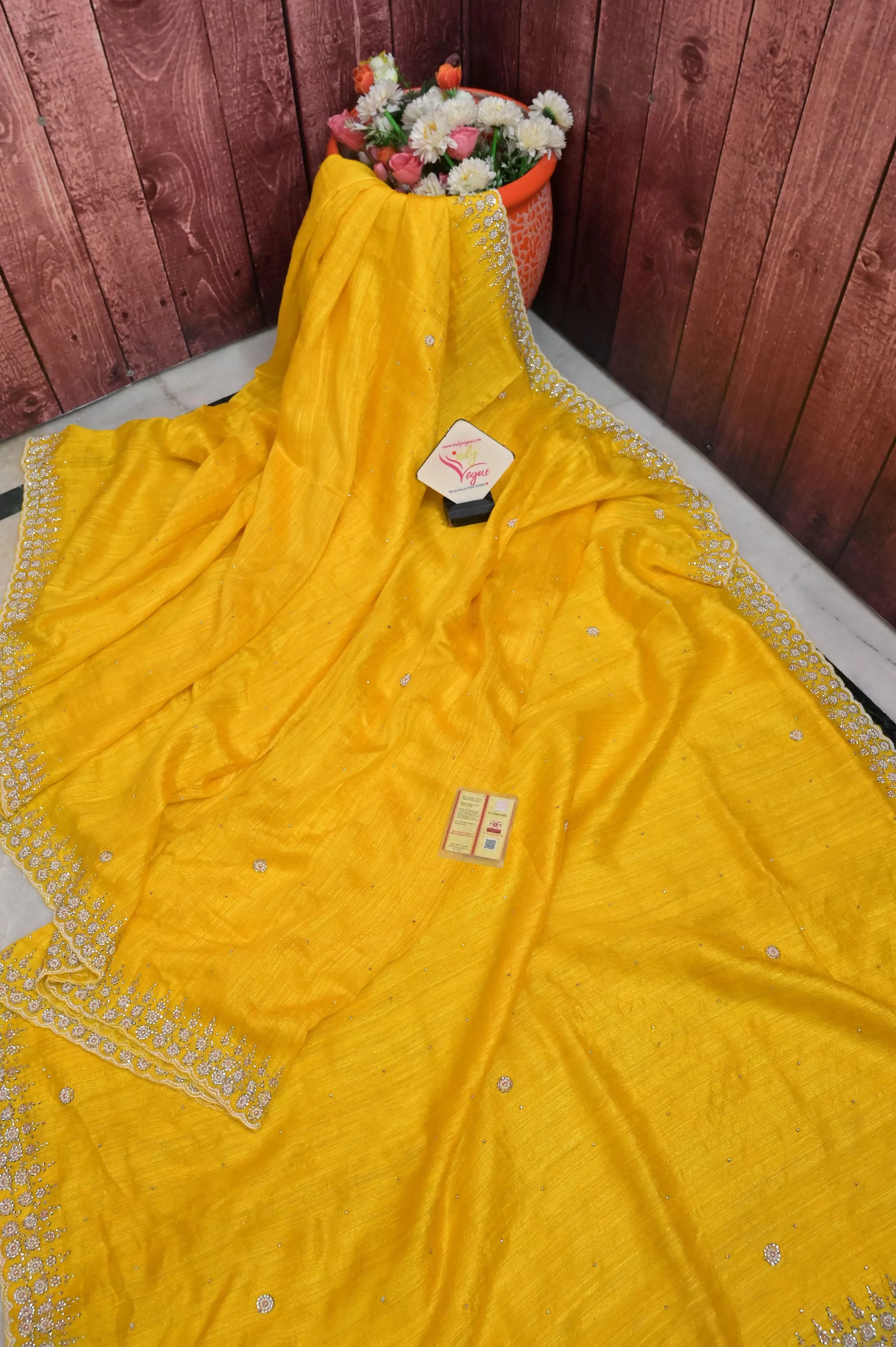 Yellow Color Pure Matka Saree with Hand Stonework and Pearl Work